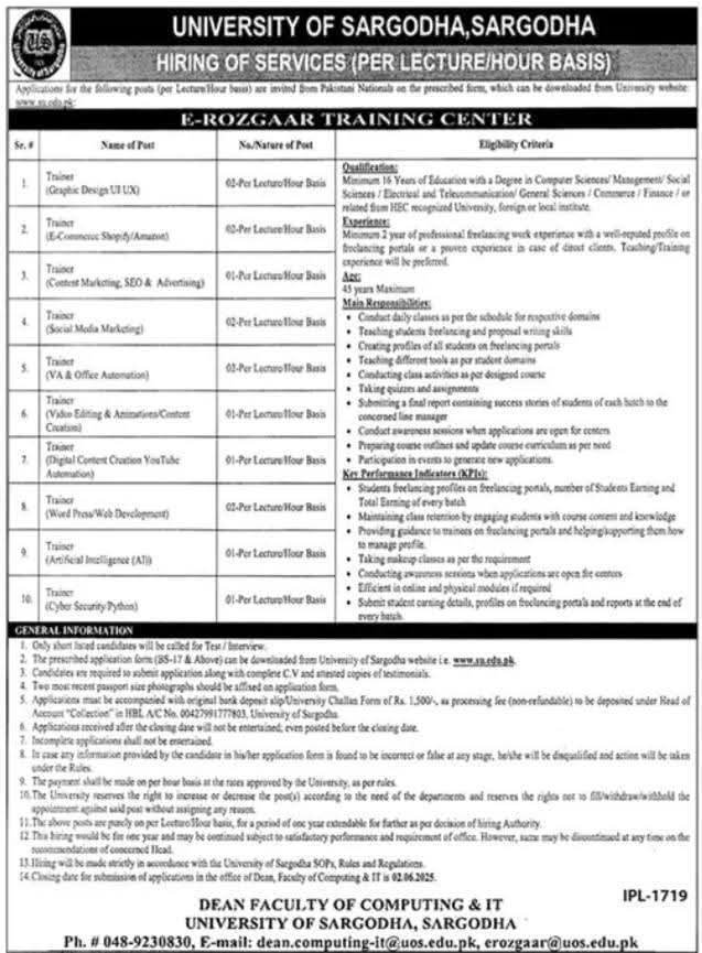 Sargodha University hiring trainers