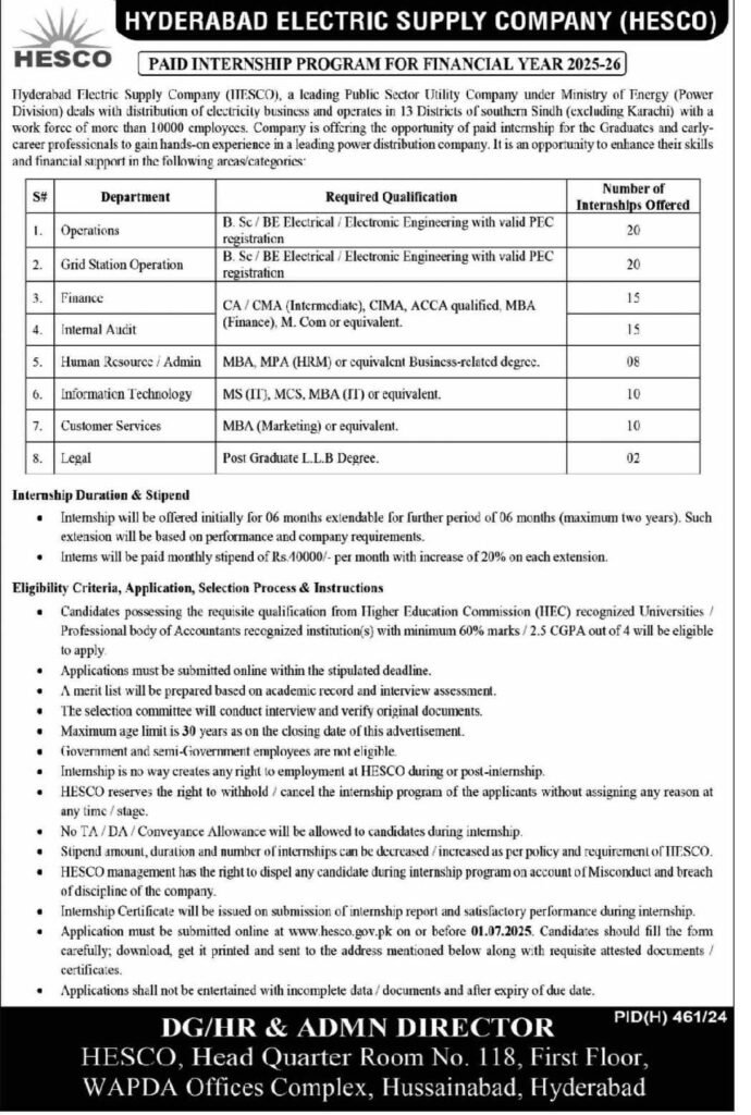HESCO Paid Internship Program 2025 Advertisement (1)