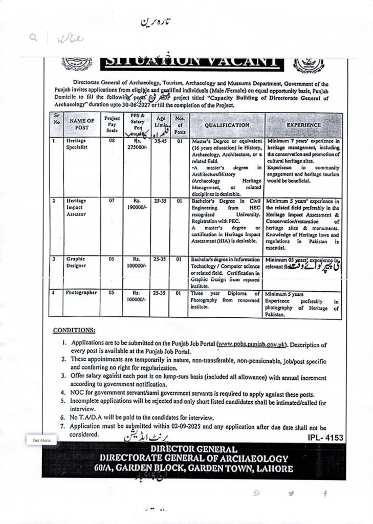 Archaeology Punjab Jobs 2025 - Apply Now