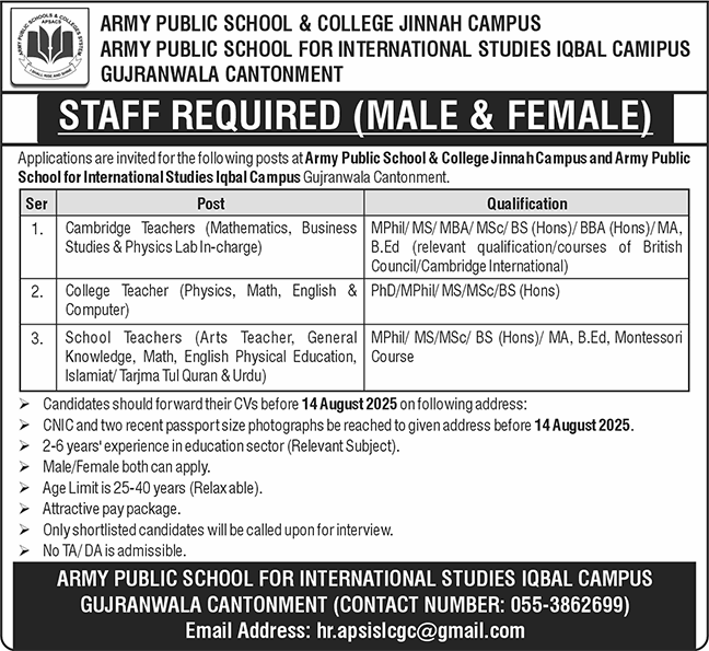 Teaching Jobs in APS Gujranwala