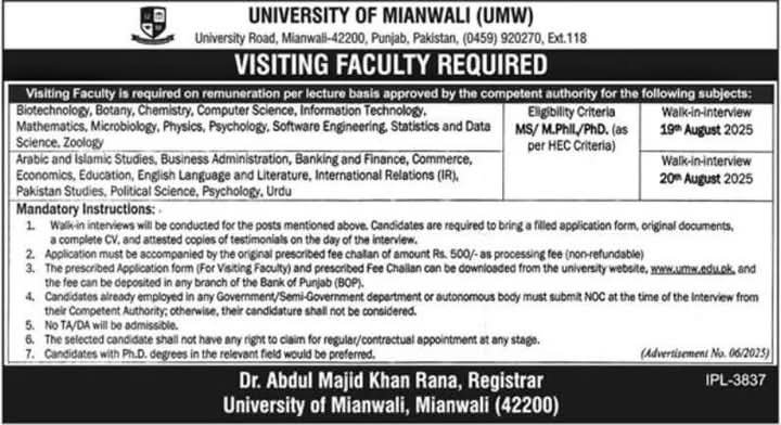 University of Mianwali Visiting Jobs 2025