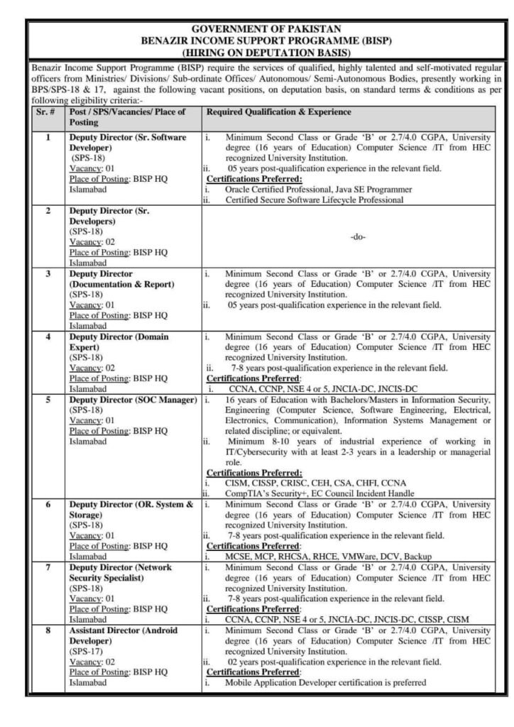 Benazir Income Support Program BISP Jobs 2025