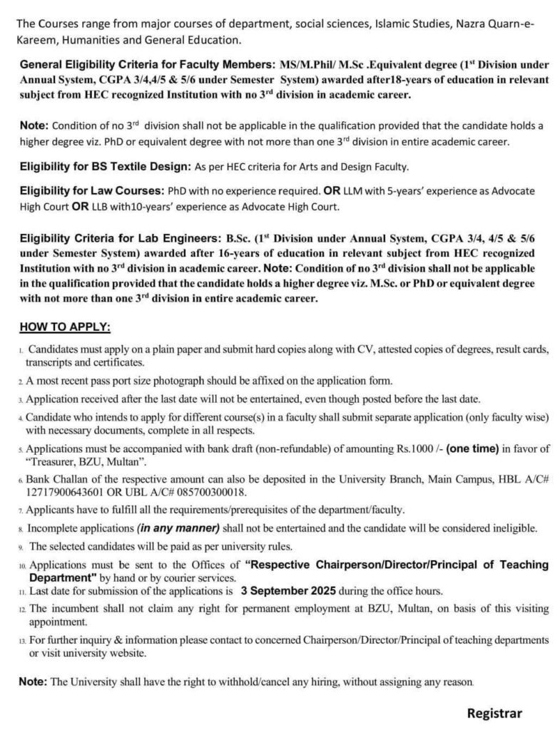 BZU Multan Visiting Faculty Jobs 2025-Apply Now