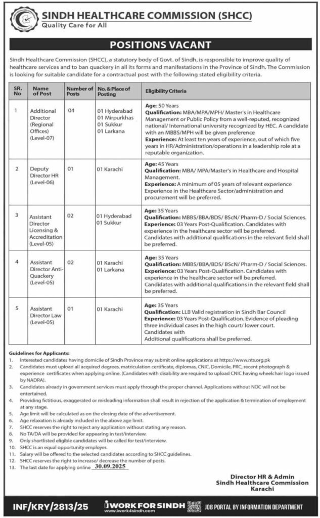 Jobs at Sindh Healthcare Commission 2025 – Apply Now