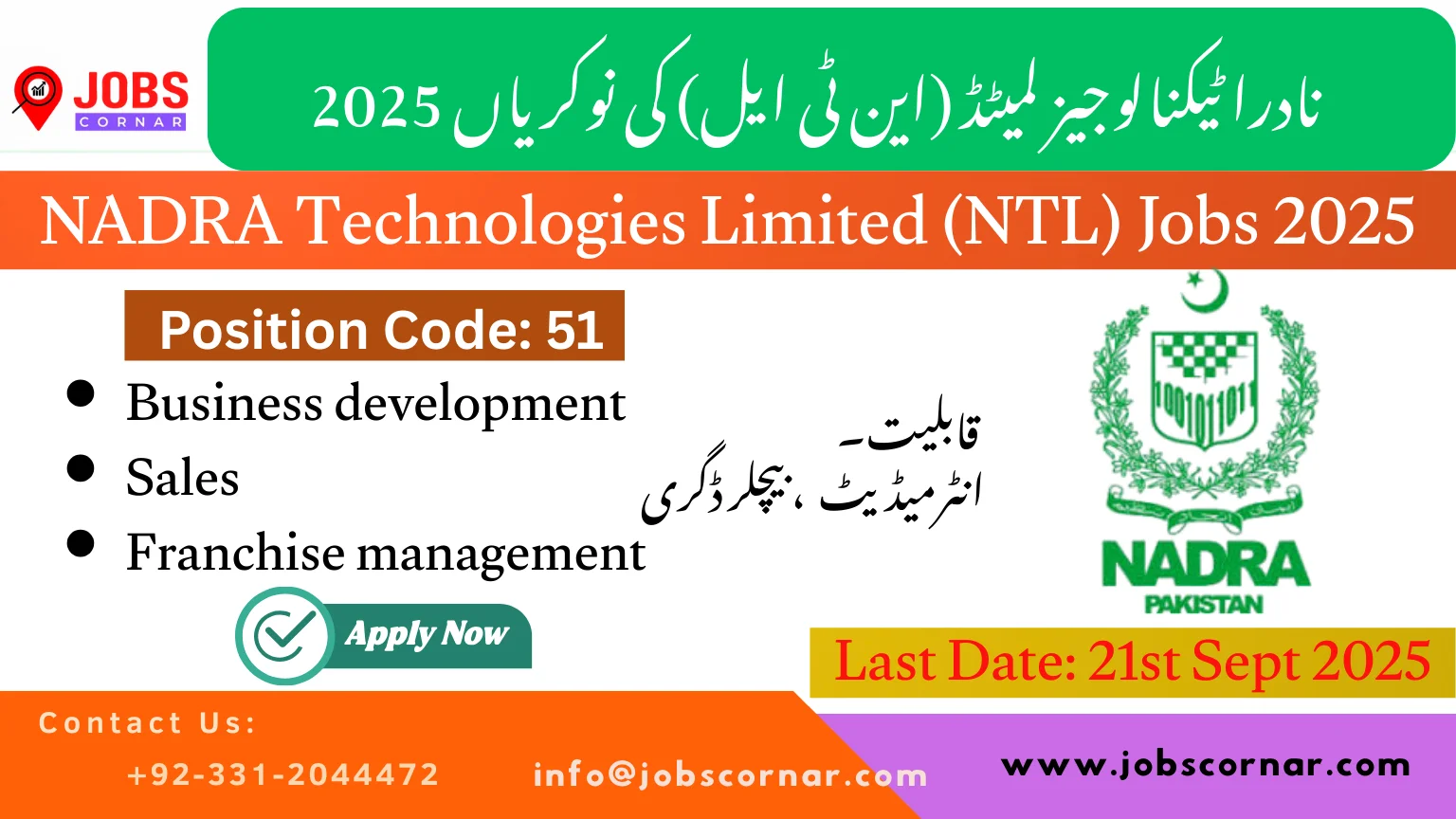 NADRA Technologies Limited (NTL) Jobs 2025