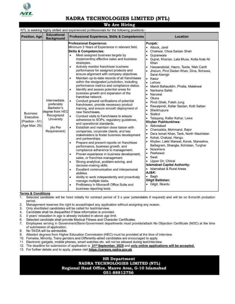 NADRA jobs advertisement 2025