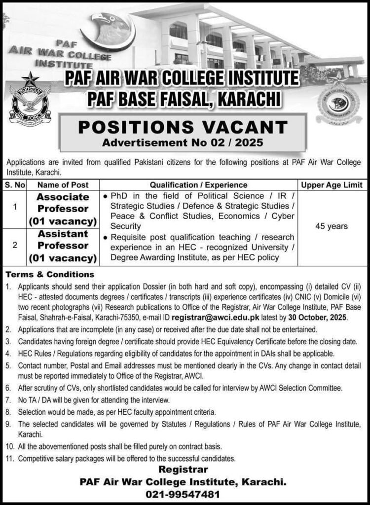  Jobs in PAF Air War College Institute 2025 –Apply Now