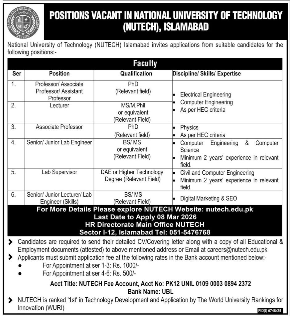 NUTECH Islamabad Faculty Jobs 2026 Apply Now