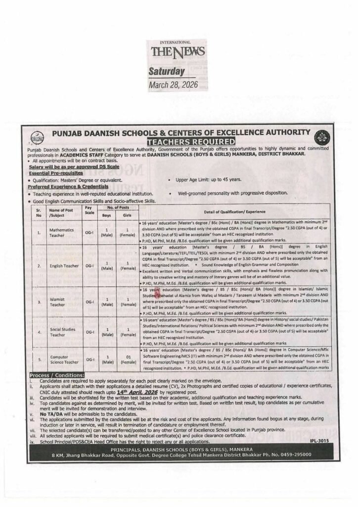 Punjab Danish School Jobs Bhakkar