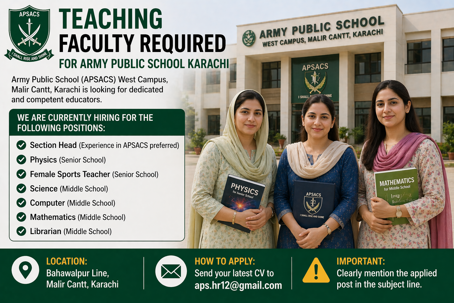 TEACHING Faculty Required for Army Public School Karachi