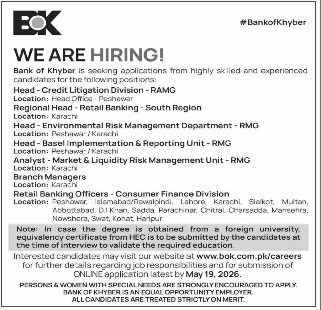 Bank of Khyber BOK Careers 2026