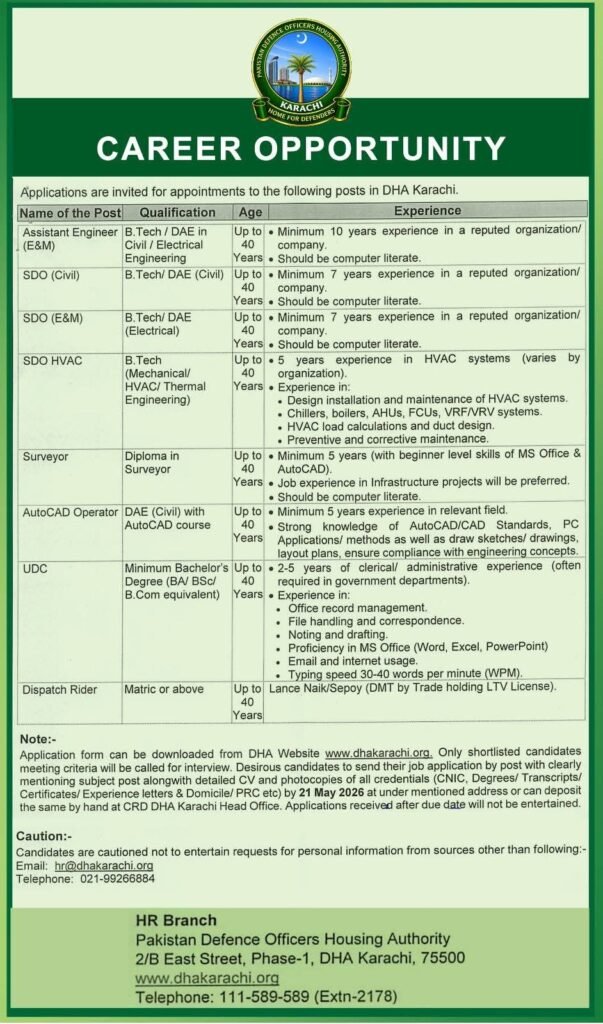 Career Opportunities at DHA Karachi Apply Now