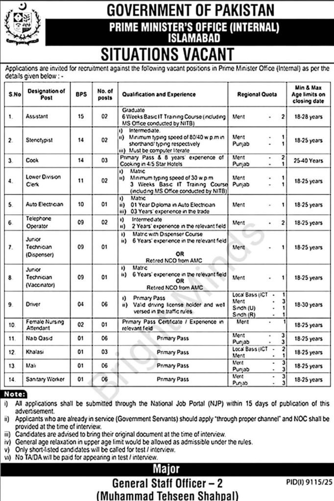 Jobs in Prime Minister Office Islamabad Apply Now