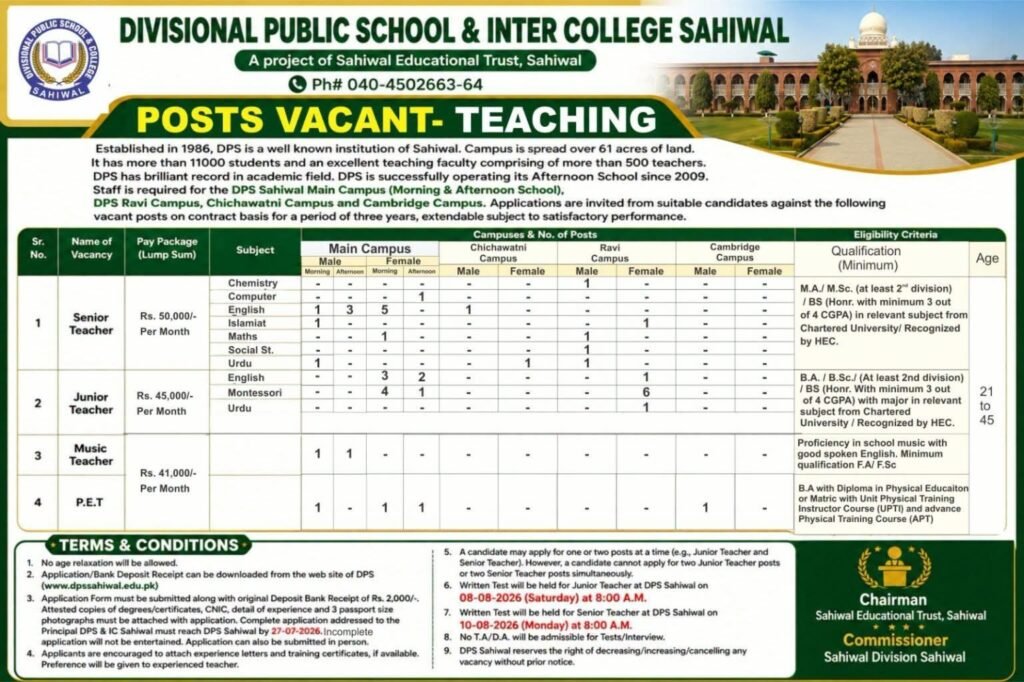 DPS Sahiwal Teaching Jobs 2026 Overview