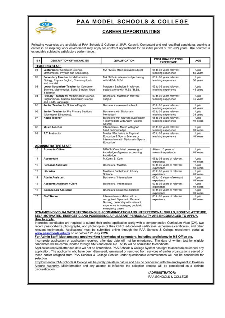 Jobs in Karachi by PAA Schools & College 2026 Apply Now