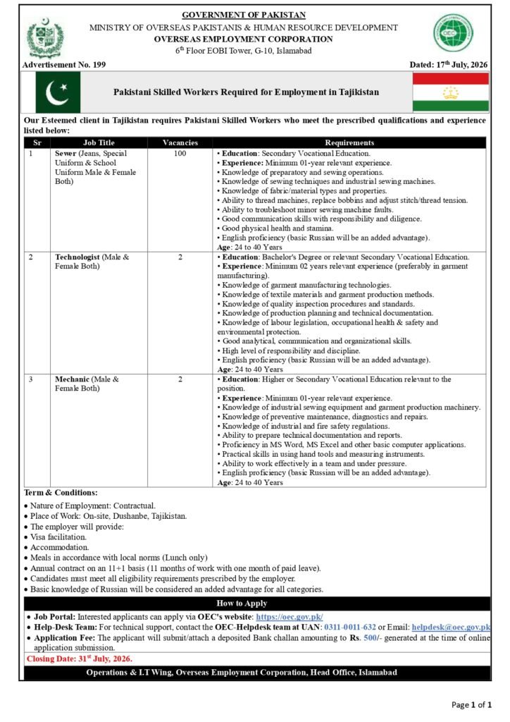 Latest OEC Jobs 2026 in Tajikistan