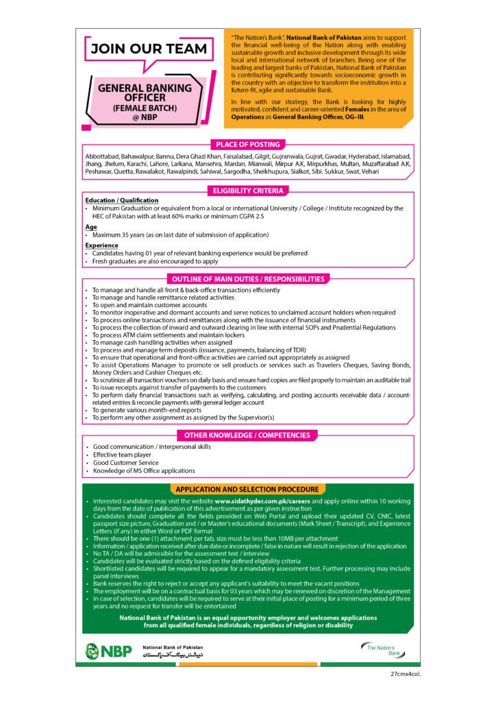 NBP Jobs for Females 2026