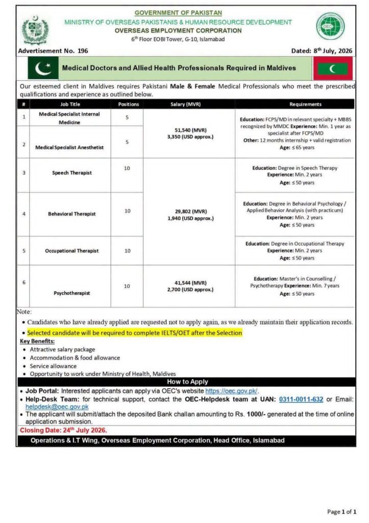 OEC Jobs in Maldives for Pakistanis 2026